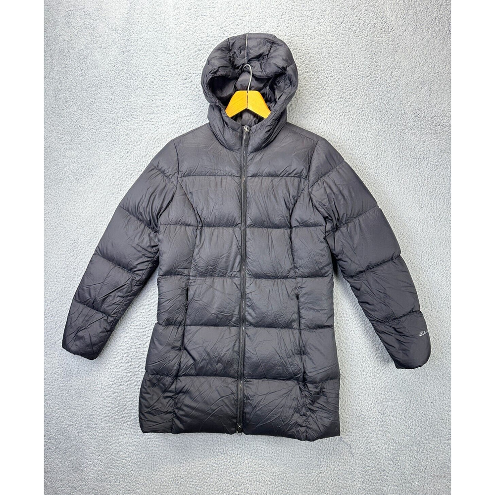 Eddie Bauer Jacket Womens Medium Luna Peak Black Down Parka Puffer Full Zip Logo